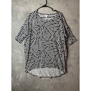 LuLaRoe Irma Tunic Top Small Black White Geometric Stripe High Low Short Sleeve‎